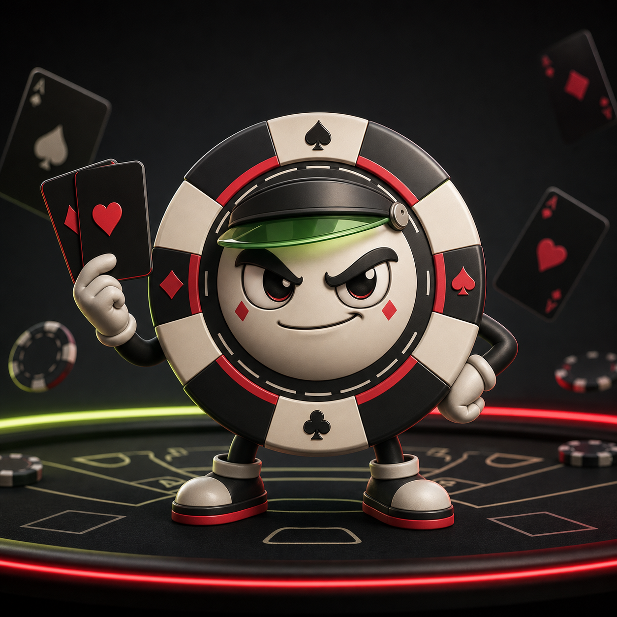CHIPI dark casino chip mascot on a blackjack table
